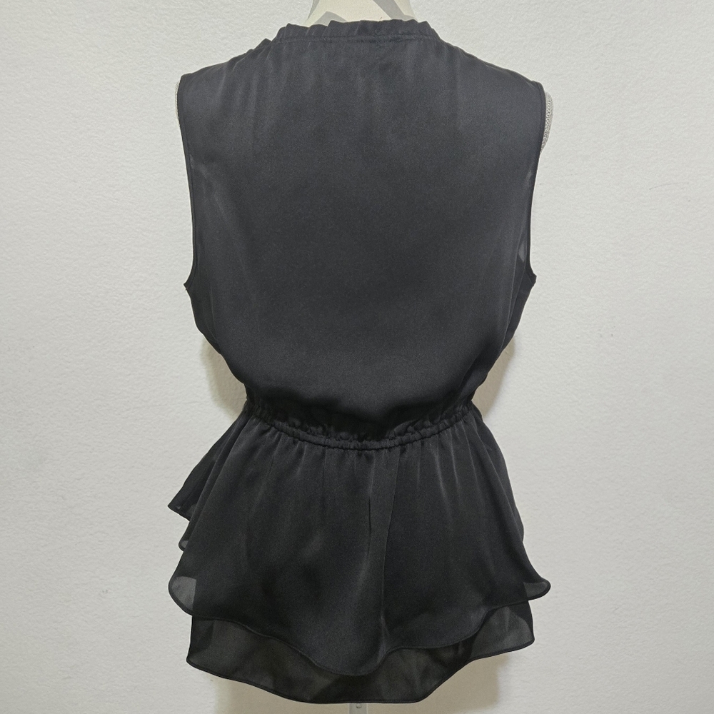 CYNTHIA STEFFE Hanna Black Ruffle Blouse Drawstring Waist Sleeveless Size Medium - Picture 6 of 14